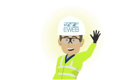 Animated lineworker waves at readers with EWEB logo hardhat