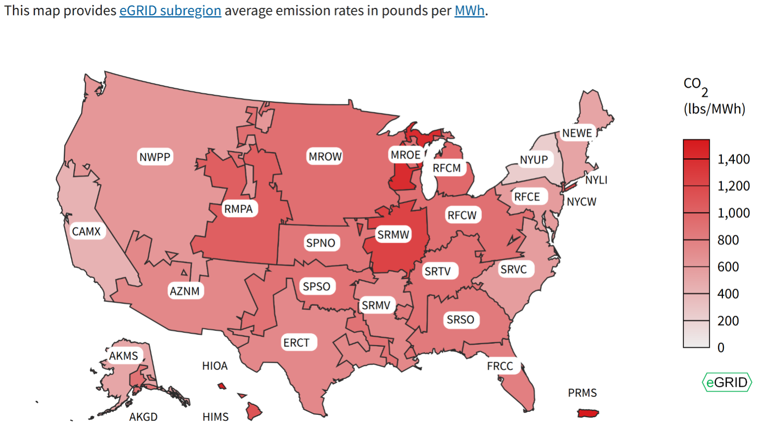 US EPA's eGRID Subregion Map showing Carbon dioxide in Pounds / MWh as of January 22, 2025. 