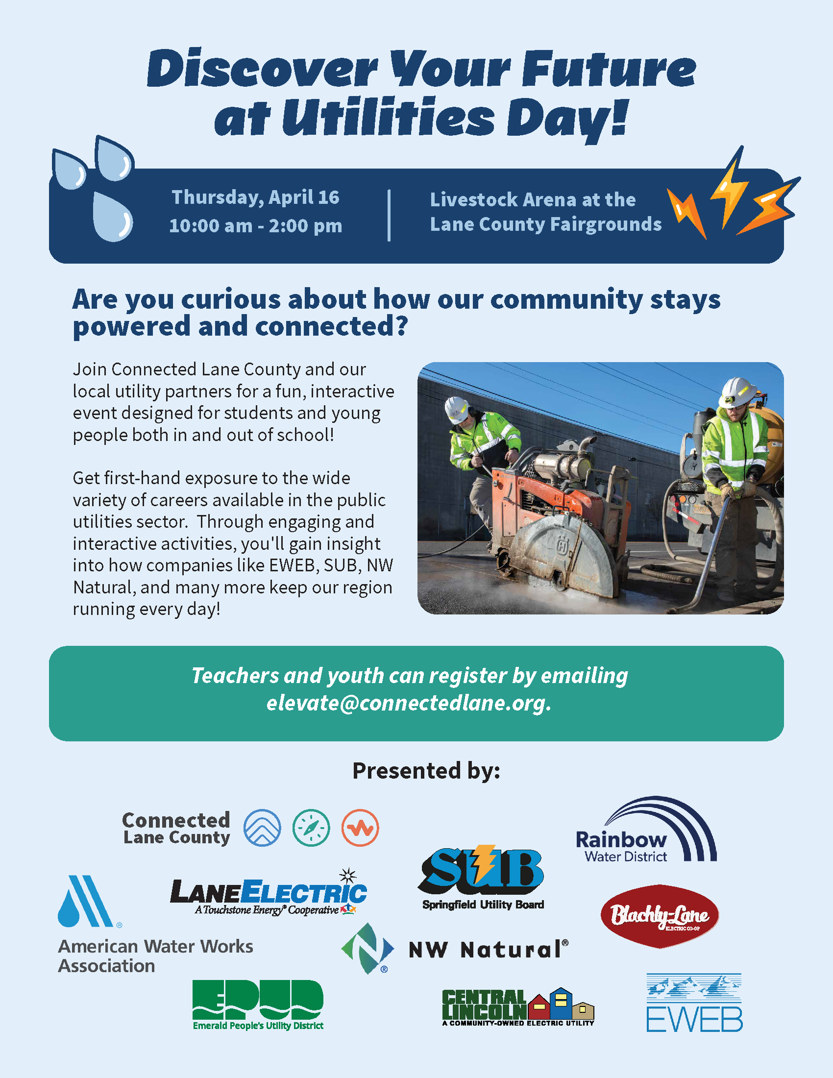 Discover Your Future at Utilities Day Flyer with details about the event and image of utility workers cutting into cement.