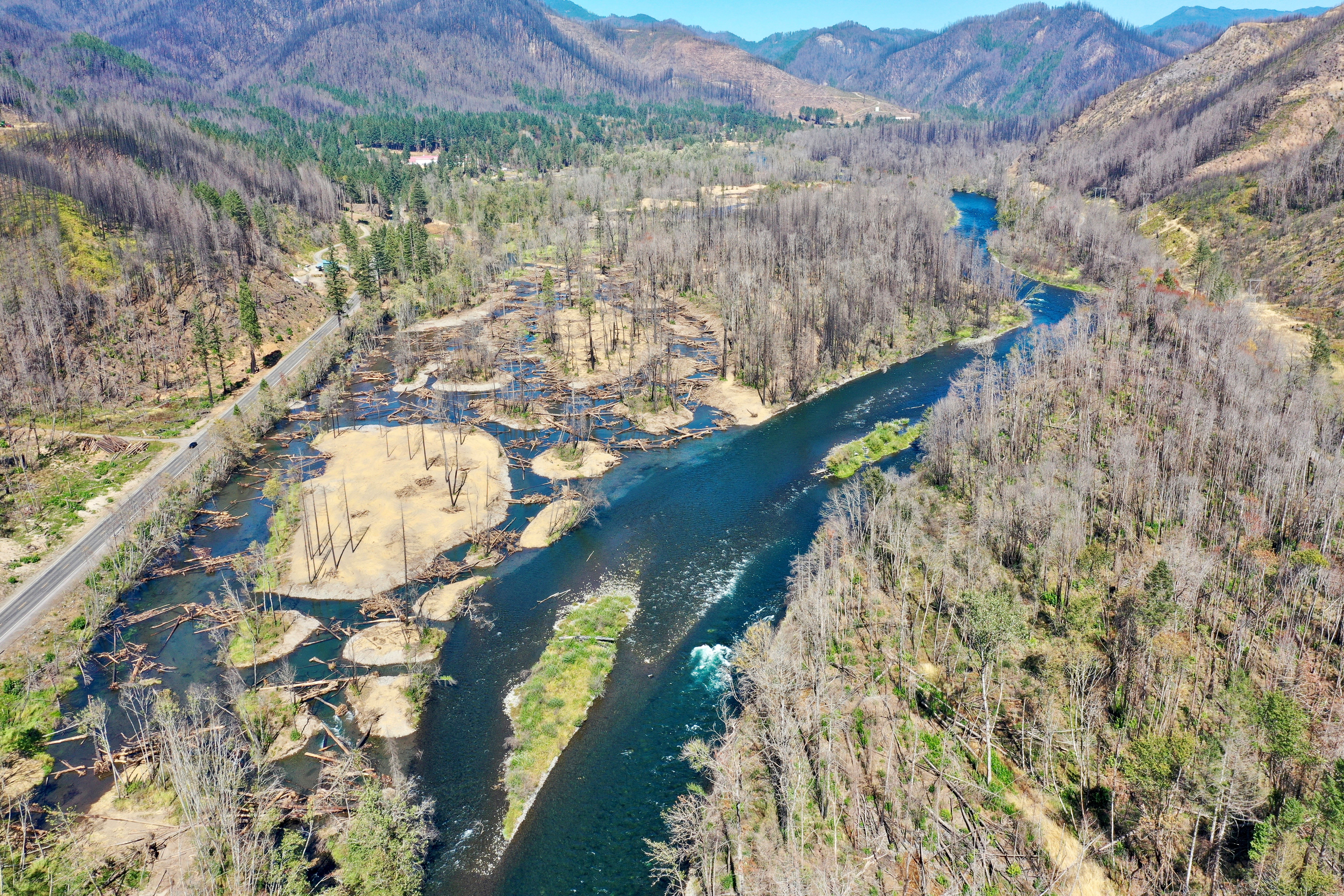 An aerial view shows the recently restored floodplain of Finn Rock Reach. Photo by Brent Ross, McKenzie River Trust