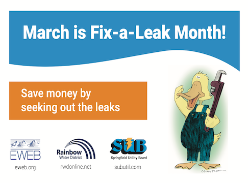 Graphic showing duck holding wrench with local utilities logos (EWEB, SUB & Rainbow)