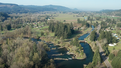 Aerial photo of Walterville Canal diversion point from McKenzie River