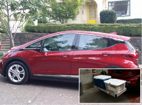 Red Chevy Bolt loaded up with camping gear