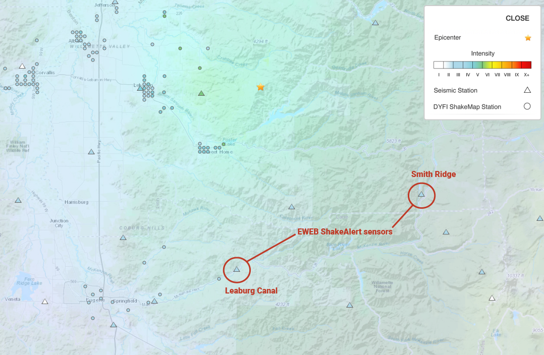 ShakeAlert map indicating felt effects of the October 7th 4.4 earthquake near Sweet Home, showing the Modified Mercalli Intensity Scale for EWEB McKenzie Valley facilities near a rating of 2.