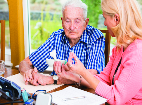 Woman assisting an elderly man on a breathing machine