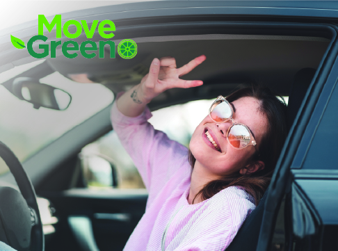 Young woman wearing sunglasses, sitting in driver seat, smiling and giving peace sign