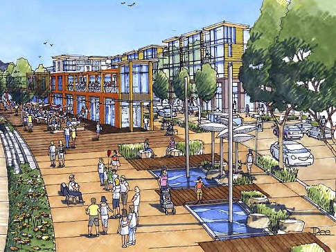 artist's conceptual drawing of Eugene's riverfront redeveloped for community use