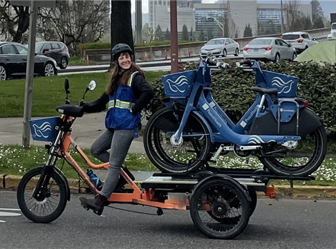 2022 Awardee Cascadia Mobility on new electric tricycle carting bikes for Peacehealth Rides bike share program.