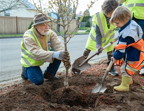 Friends of Trees staff member helps child plant tree