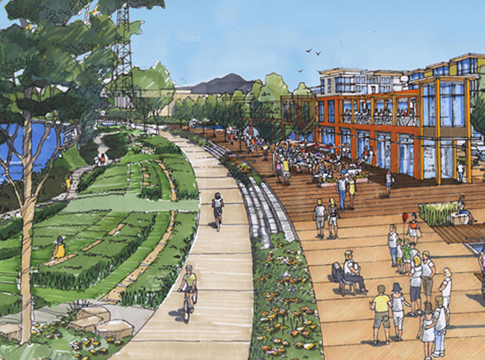 Illustration of redeveloped riverfront with bicycle-pedestrian path and new buildings