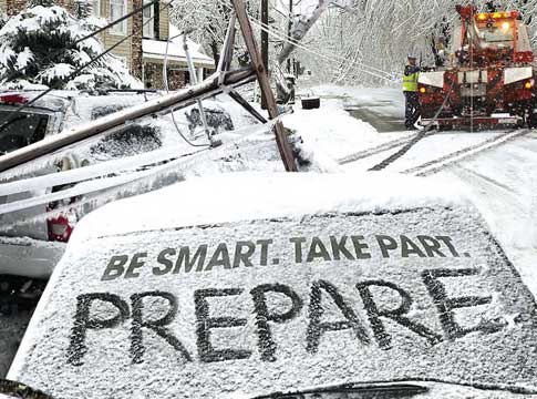 Car in winter storm with writing "be smart, take part, prepare."