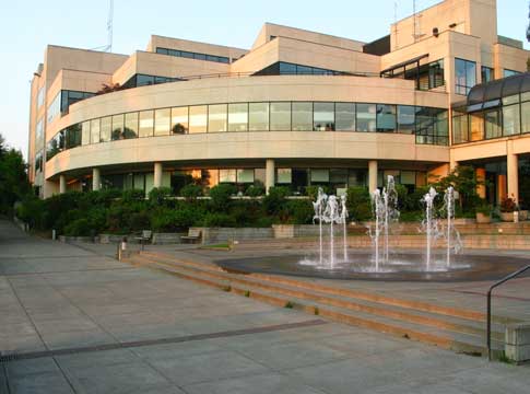 EWEB Headquarters Building with fountain running in foreground