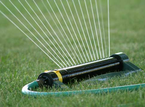 Picture of a sprinkler on a green lawn