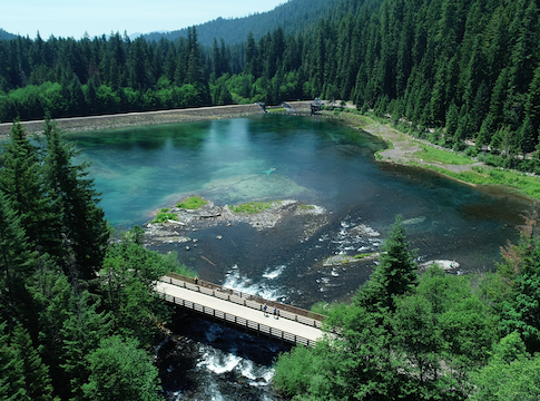 Overhead view of trail bridge reservoir