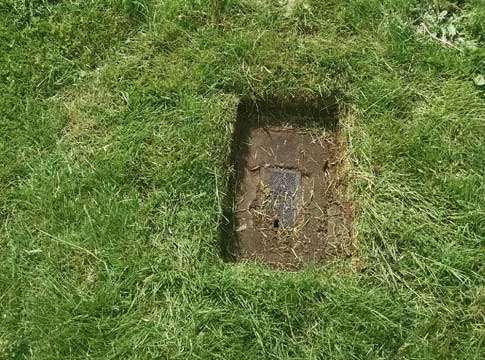 Water meter in the middle of a grassy area.