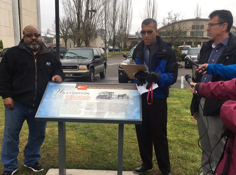Frank Lawson, Eric Richardson and Greg Evans dedicate a new historic marker for Wiley Griffon, an early African-American pioneer.