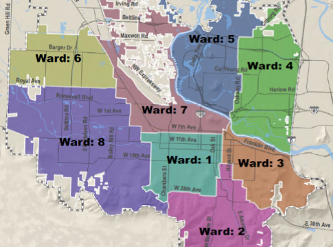 Partial map showing the City of Eugene wards.