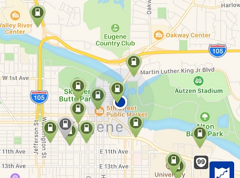 Screenshot of EV charging station Eugene map
