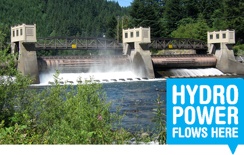 Picture of Leaburg Dam with a Hydro Power Flows Here logo