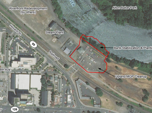 Aerial map showing the MGP clean-up site neat the Willamette River