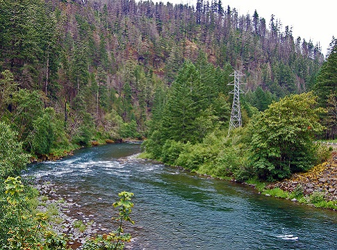 View of the Clackamas River and a transmission tower