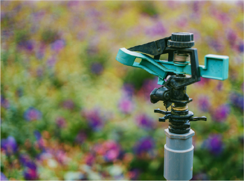 sprinkler with flowers in background